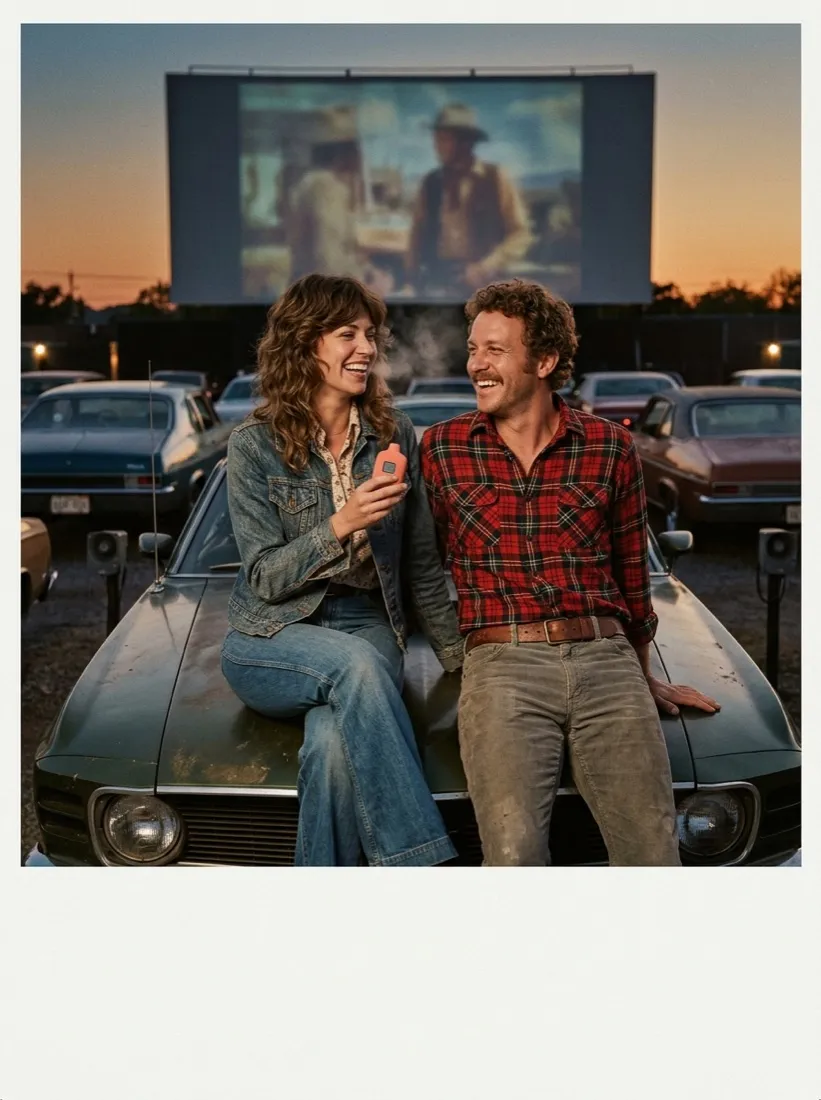 Couple at a drive-in, 1970s ad style