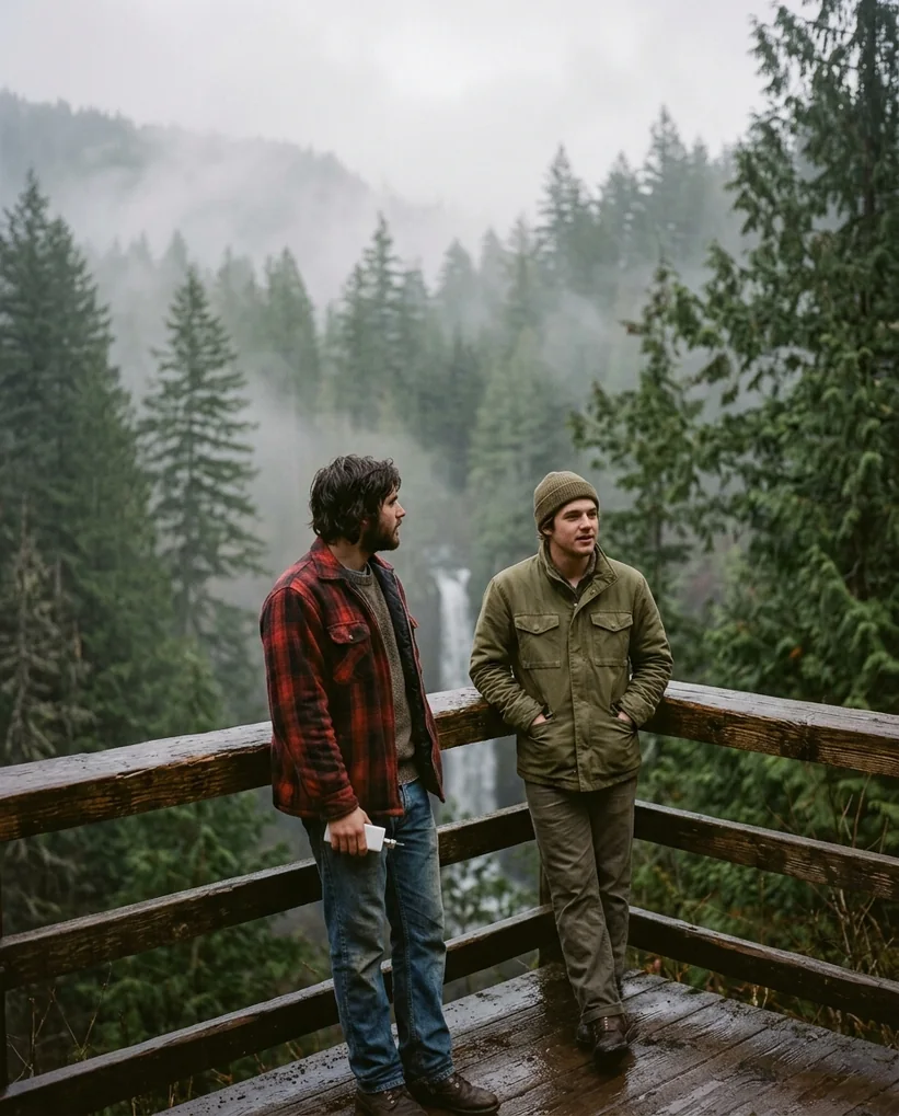 Two friends on a misted overlook in the Pacific Northwest, 1970s ad style