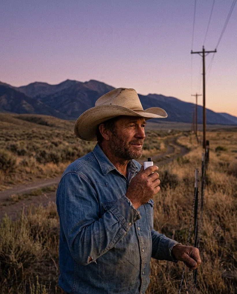 Rancher at a fence line at dusk, 1970s ad style