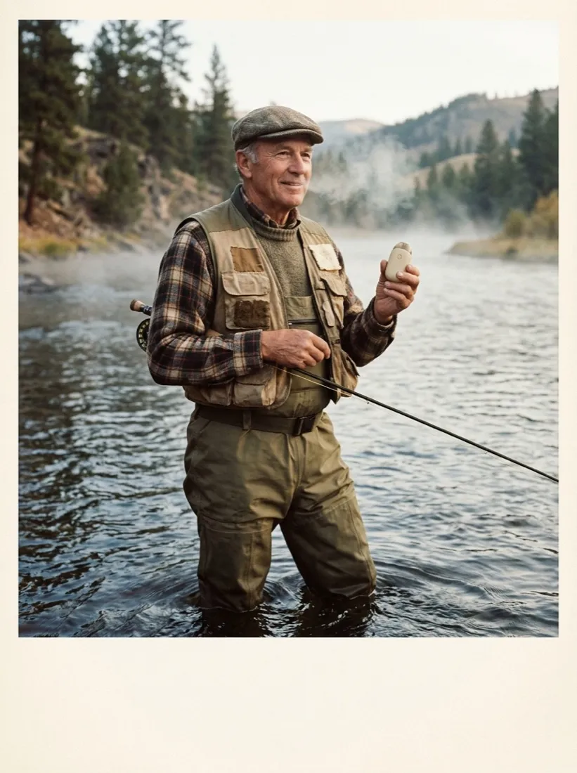 Fly fisherman in a river, 1970s ad style