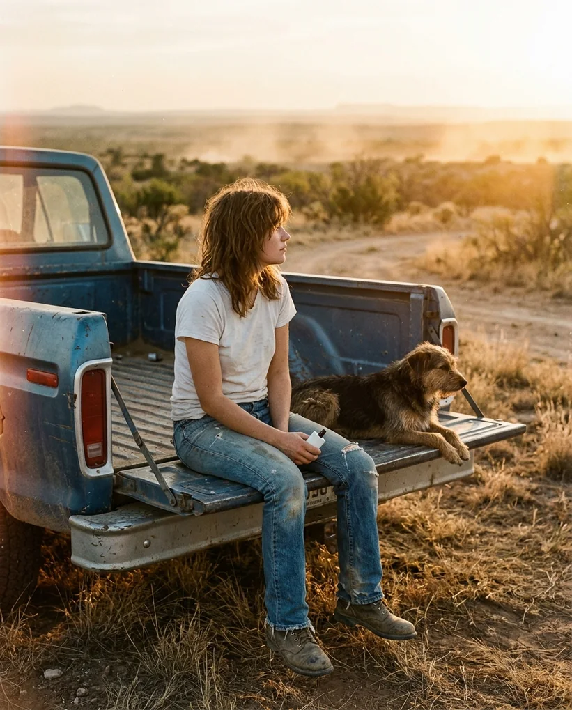 Tailgate at golden hour in west Texas, 1970s ad style