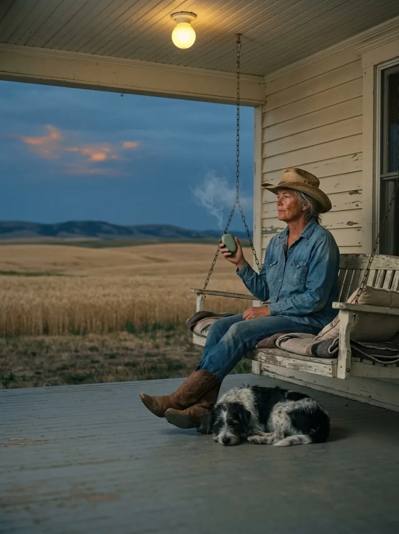 Rancher on a porch swing, 1980s ad style