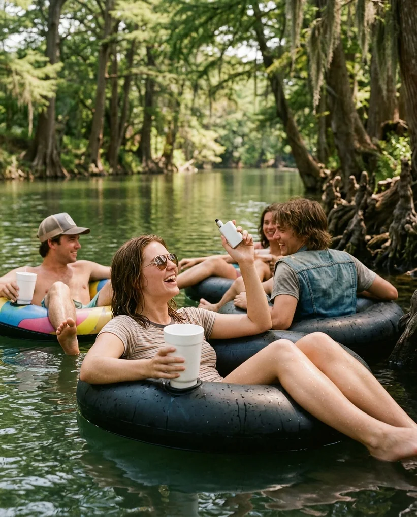 Friends floating a Texas river on inner tubes, 1970s ad style