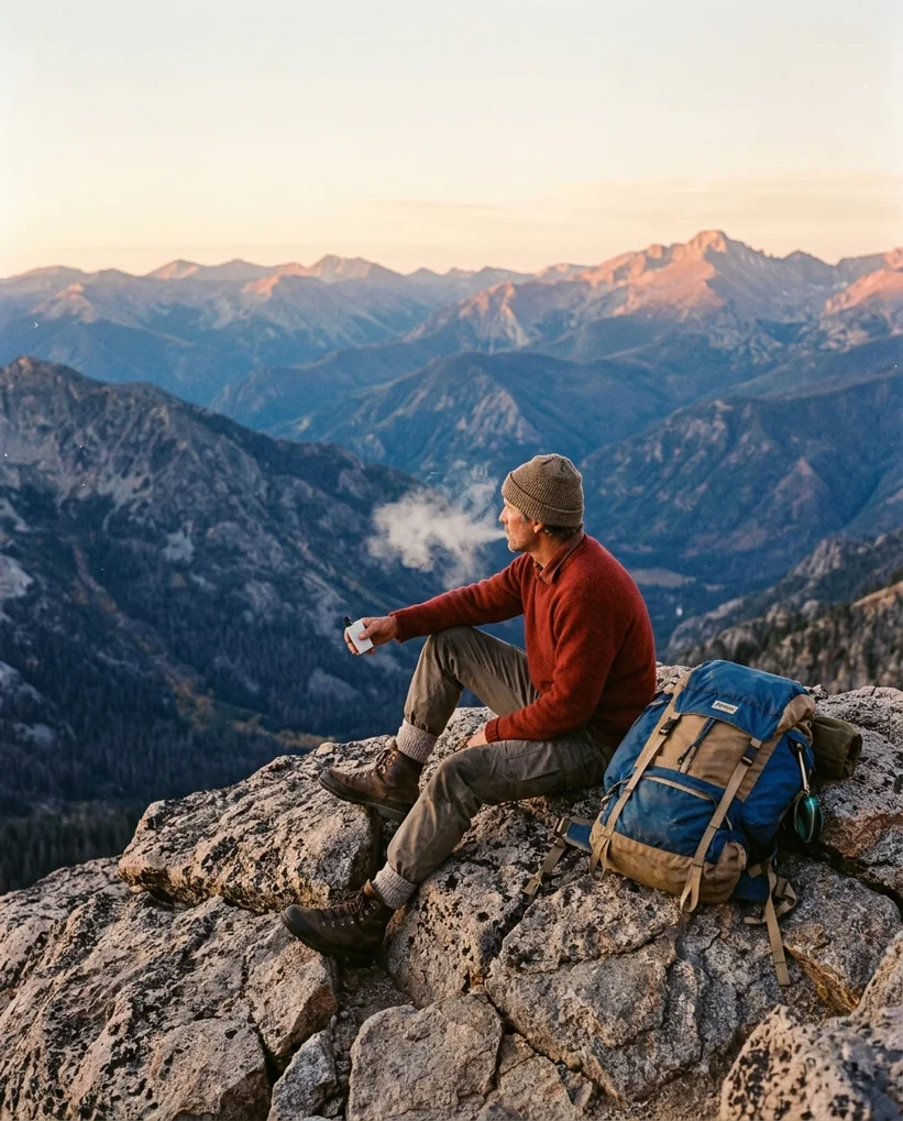 Hiker on a granite outcrop at first light, 1970s ad style