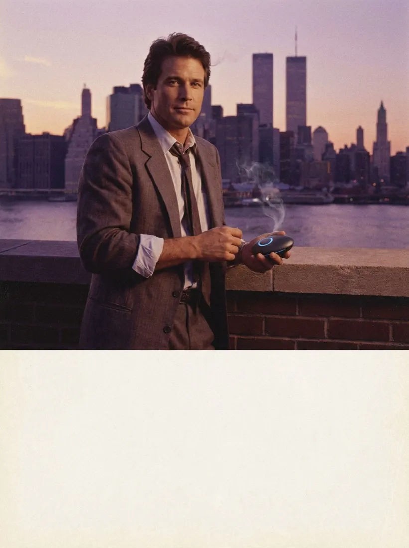 Businessman on a rooftop, 1980s ad style