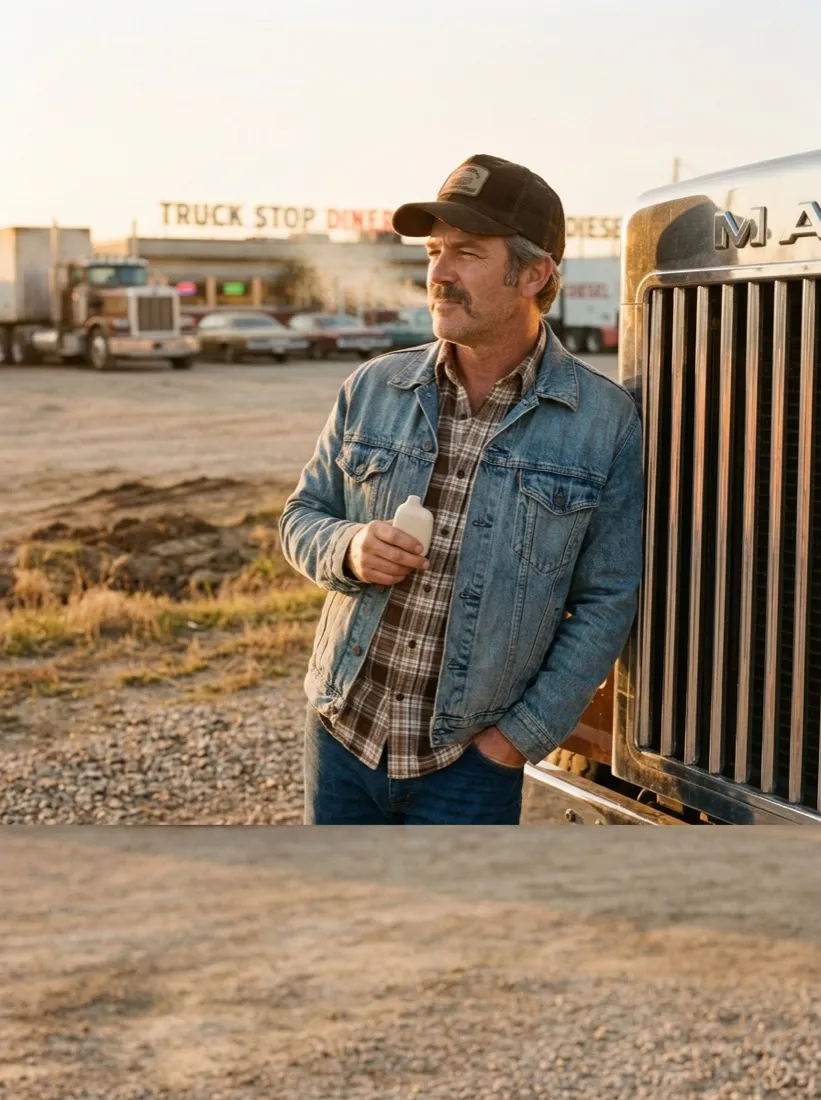 Trucker at sunset, 1970s ad style