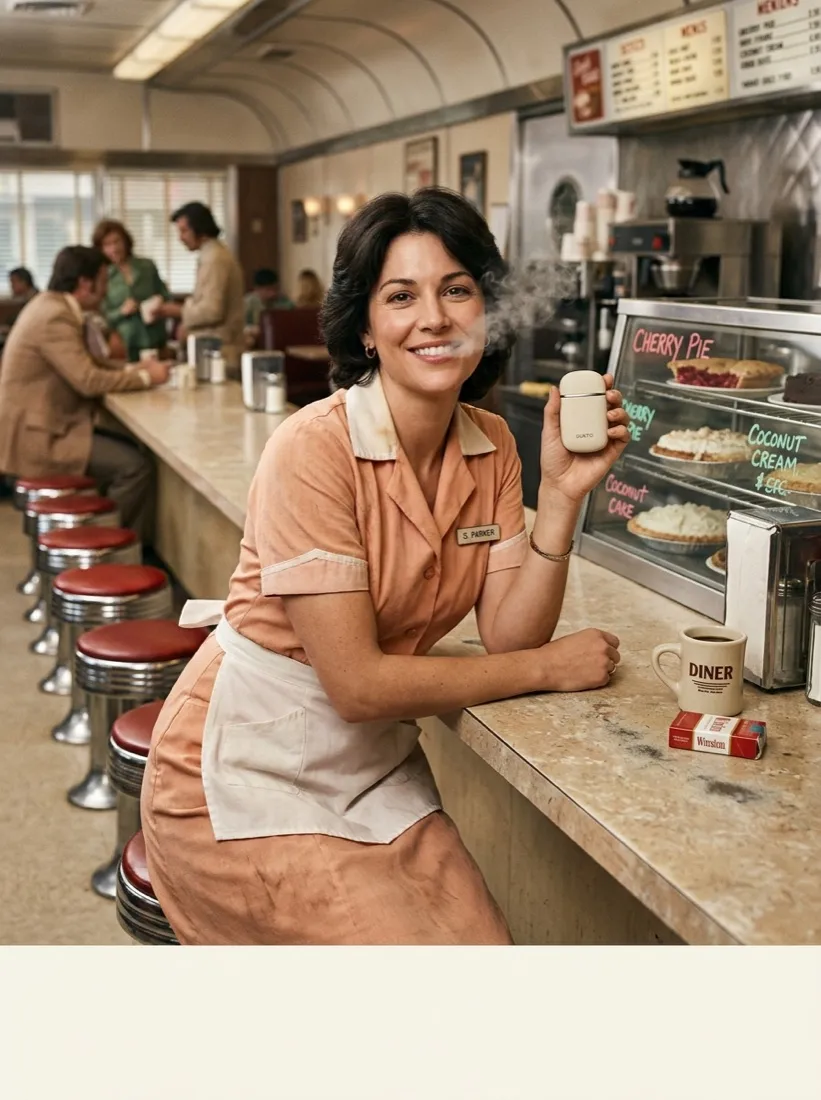 Diner waitress on break, 1970s ad style