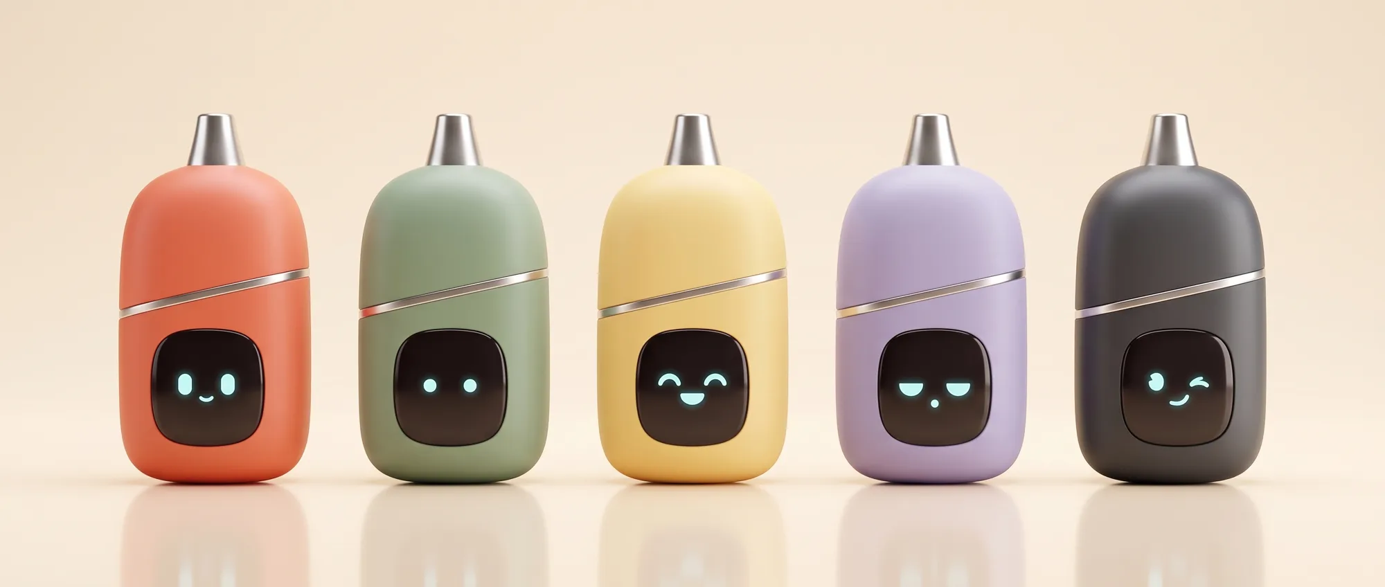 Five Emigo colorways in a row — coral, sage, butter, lavender, graphite