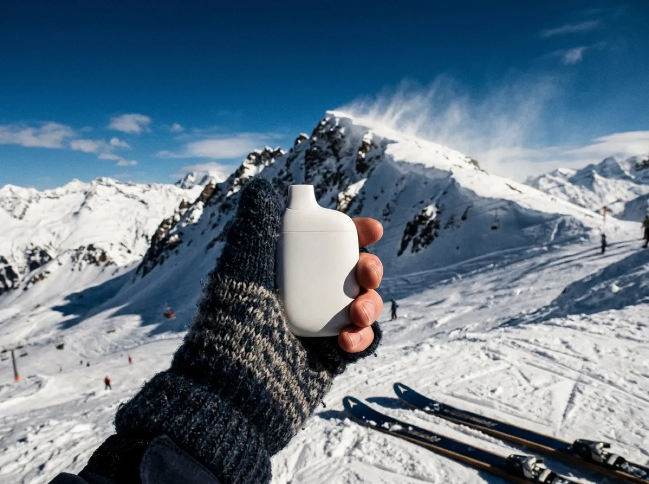 AC-0 in a wool mitten above a ski slope