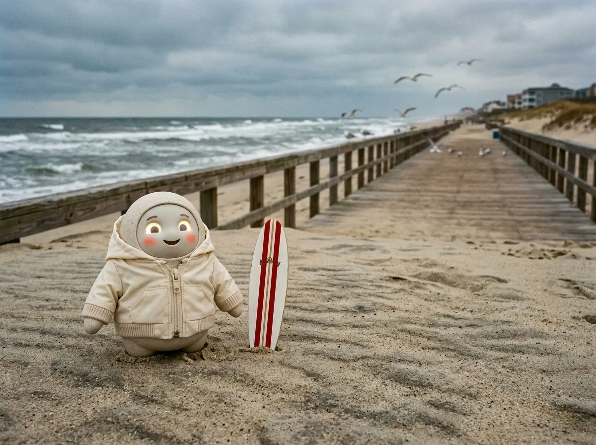 Emigo in a windbreaker at the beach