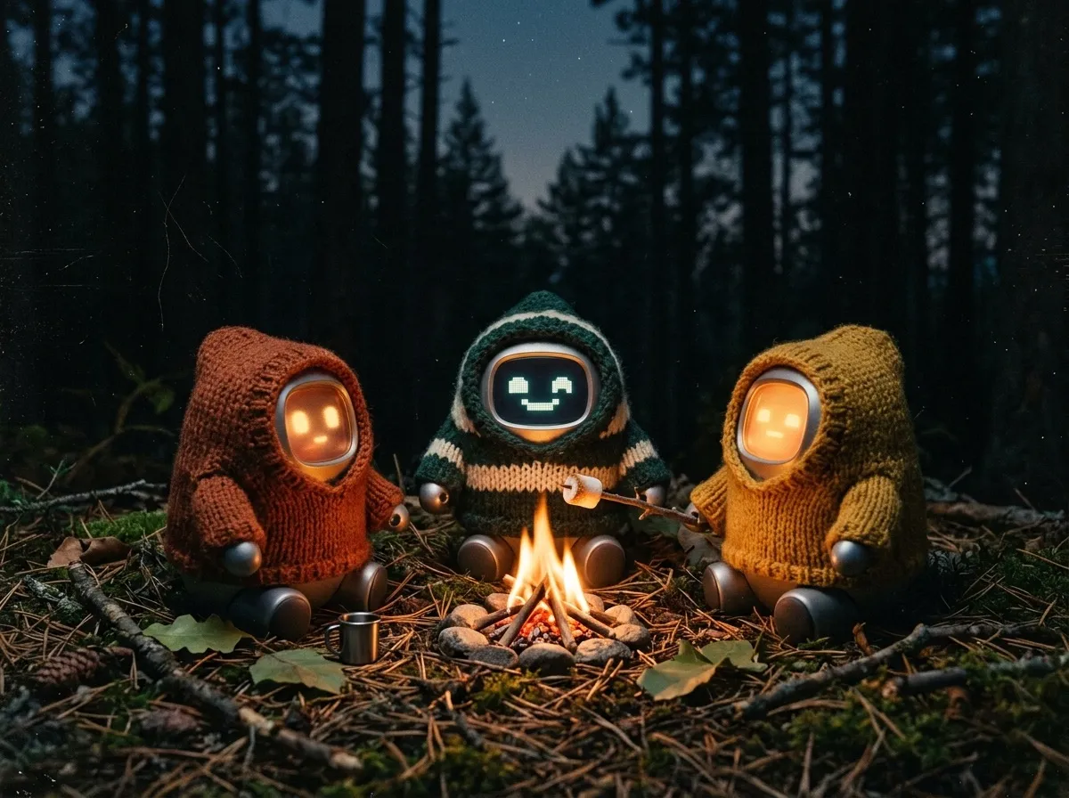 Hoodied Emigos around a tiny campfire