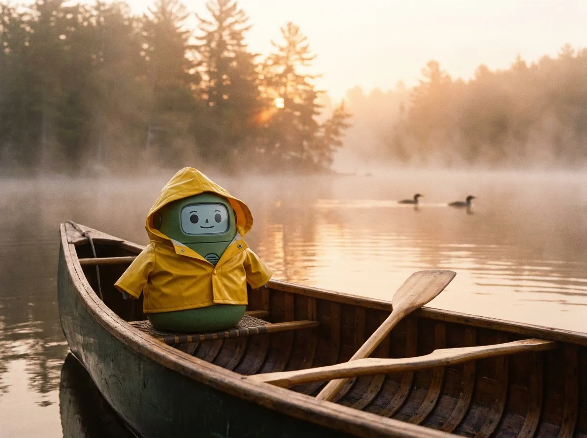 Emigo in a rain slicker in a canoe