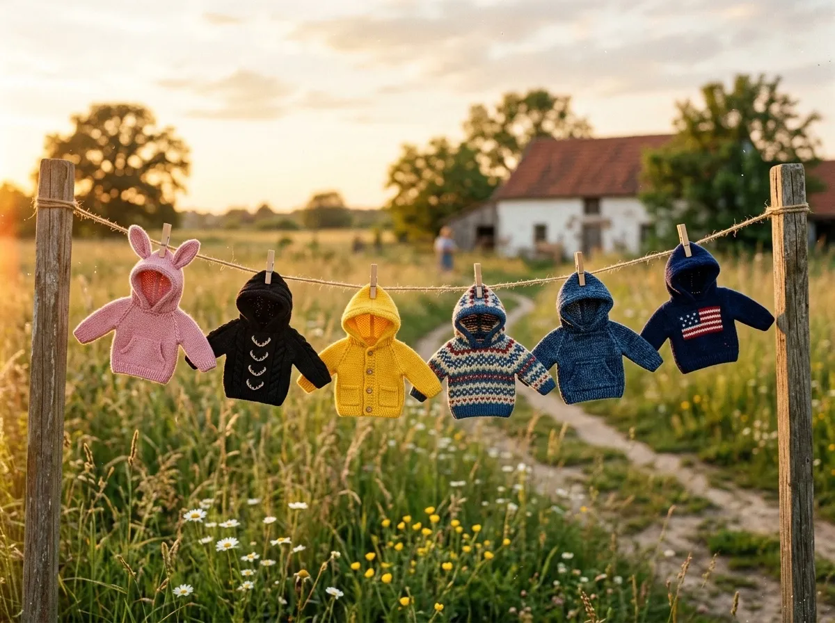 Tiny hoodies drying on a clothesline