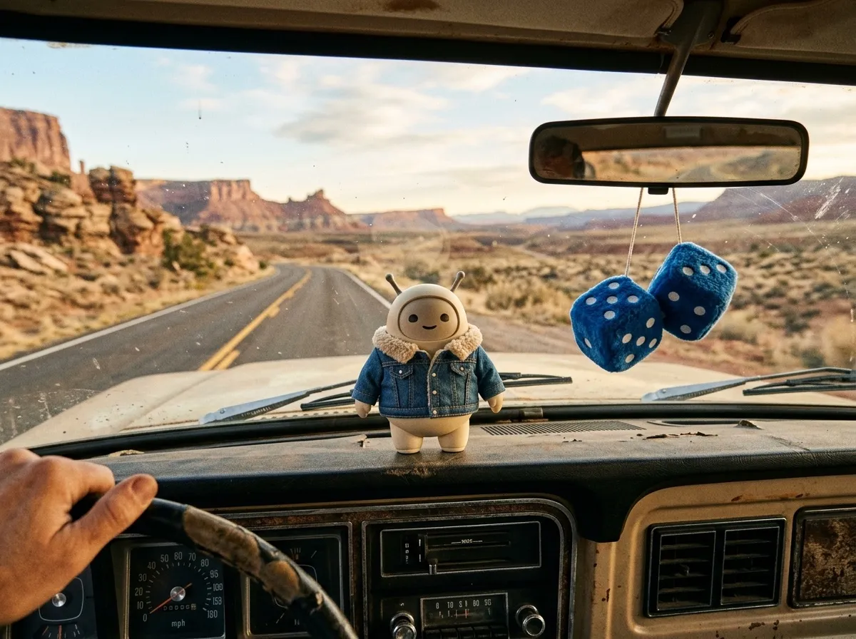 Emigo in a denim hoodie on a truck dashboard