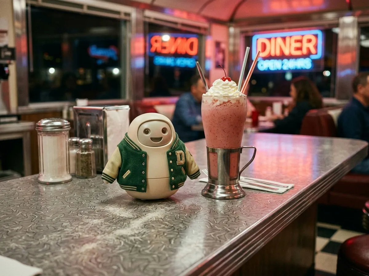 Emigo in a letterman jacket beside a milkshake
