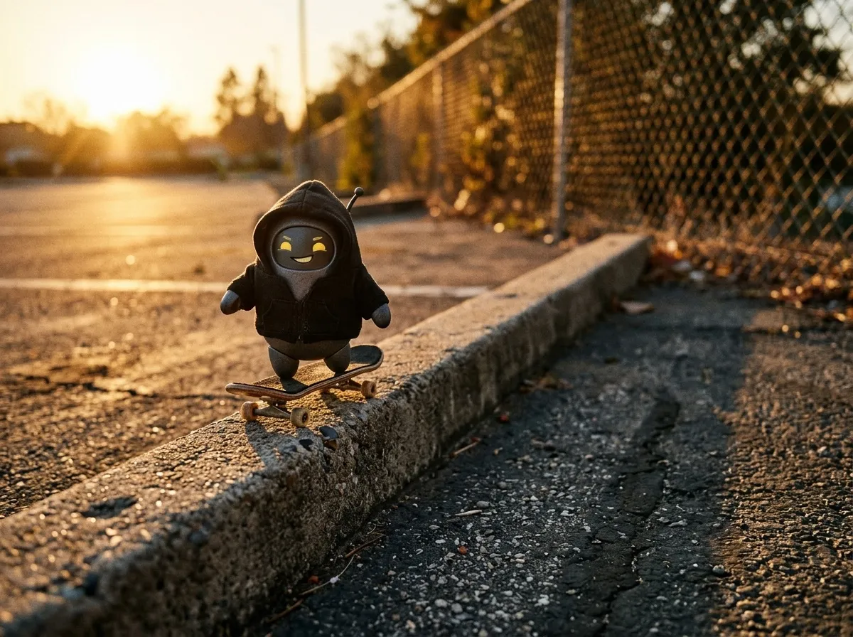 Emigo in a black shell on a skateboard