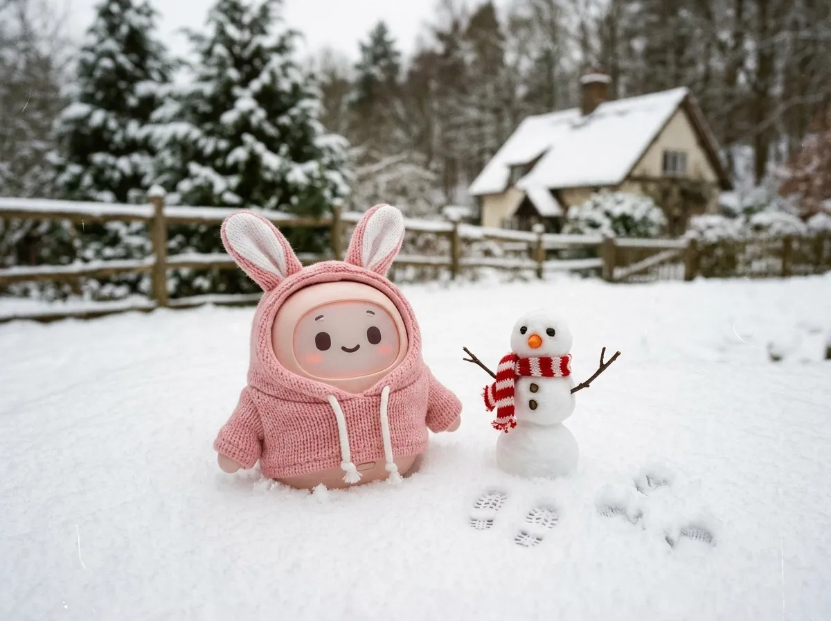 Bunny-ear hoodie Emigo beside a tiny snowman