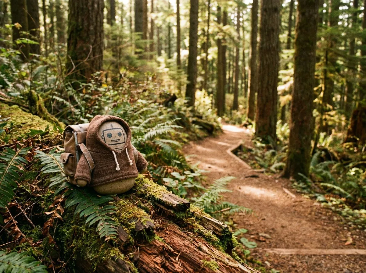 Emigo with a tiny backpack on a mossy log