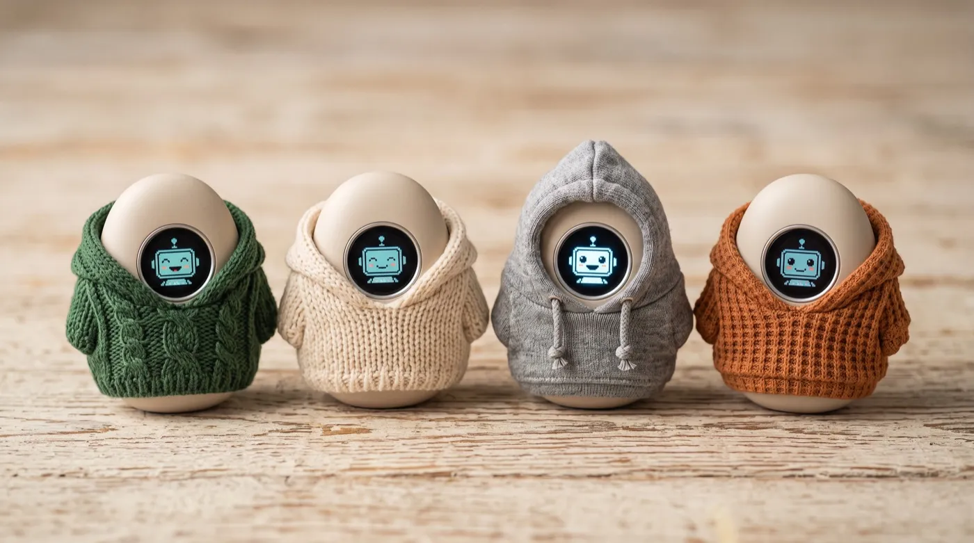 Four Emigos wearing tiny knitted hoodies