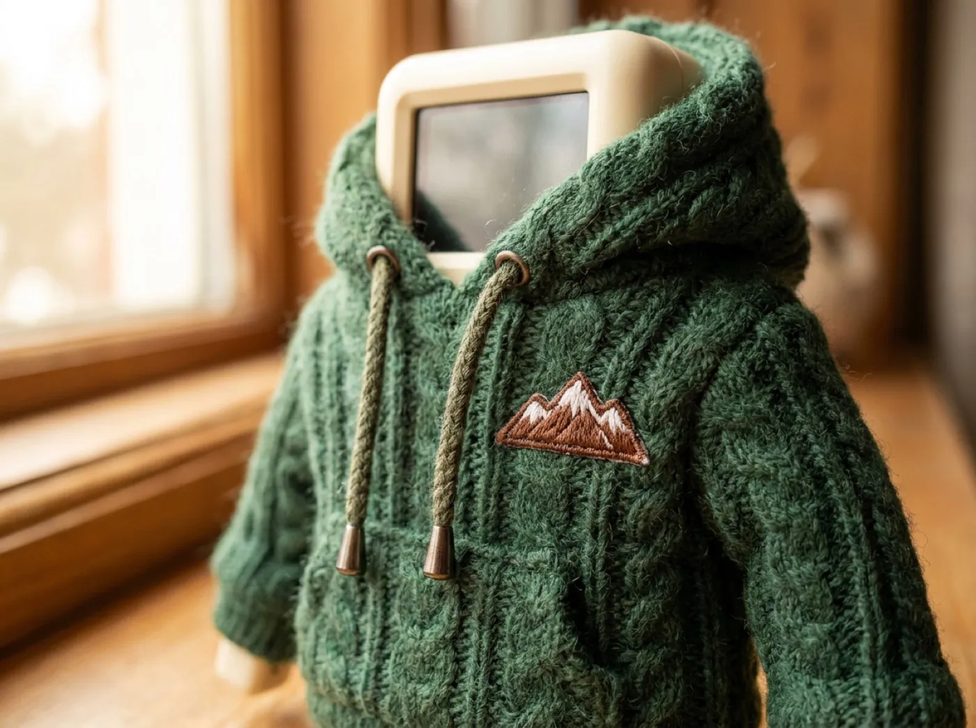 Cable-knit stitch detail with mountain patch