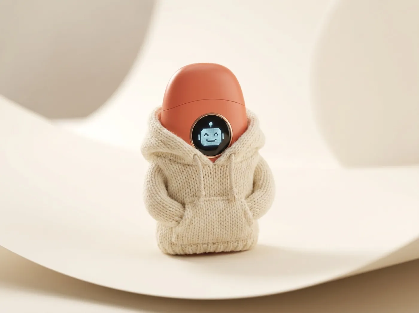 Coral Emigo in a cream hoodie