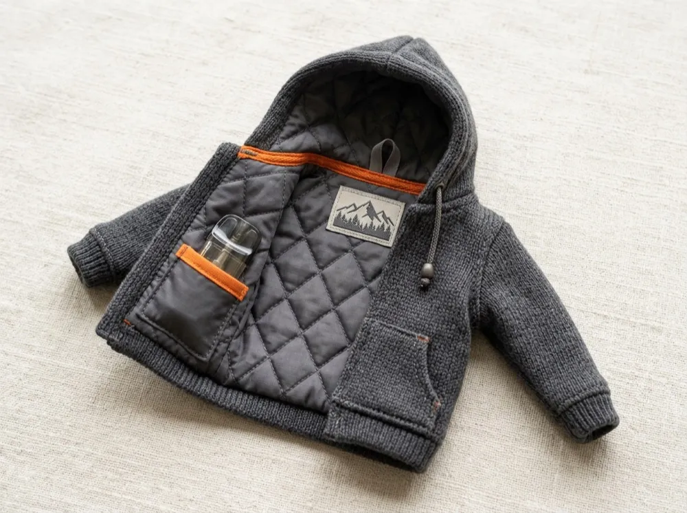 Hoodie turned inside-out showing quilted lining and pod pocket