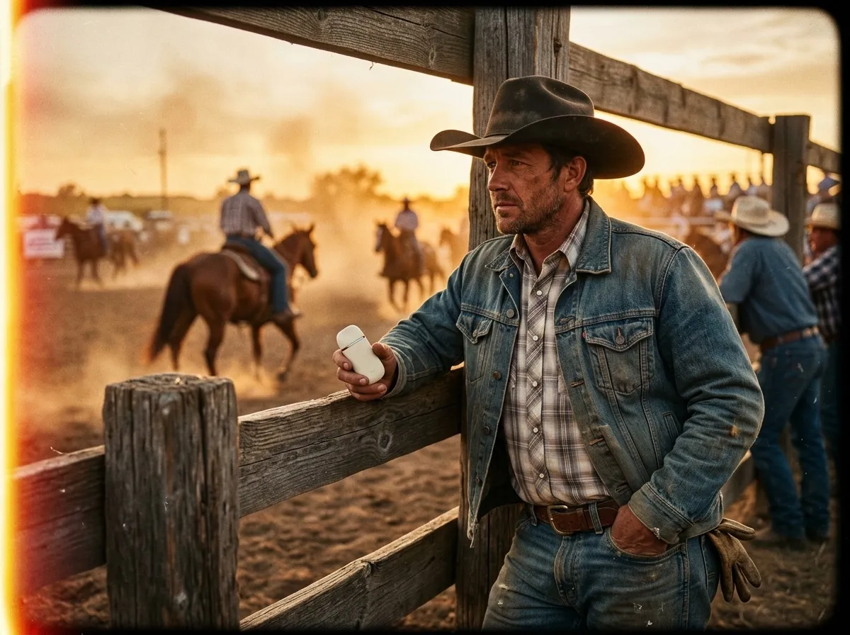 A cowboy at a small-town rodeo at golden hour, device in hand