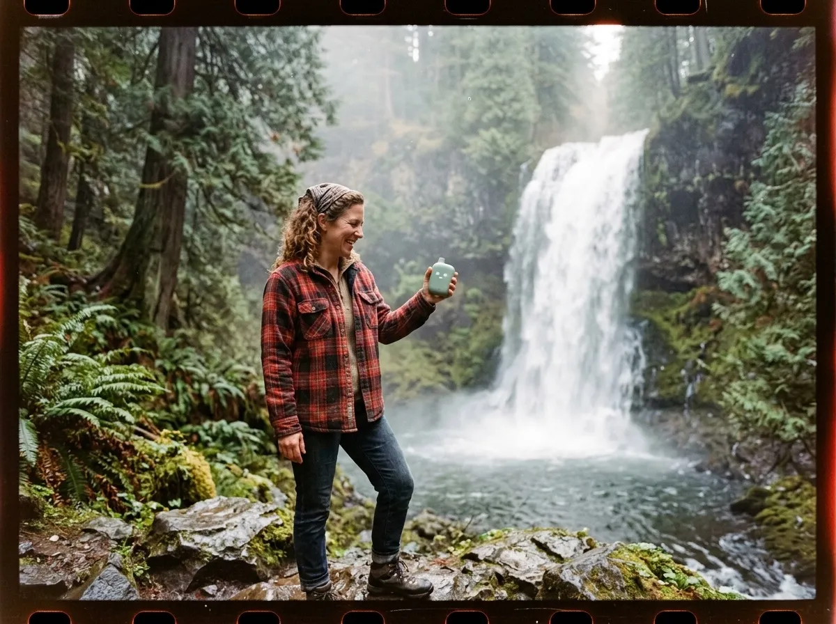 At the base of a Pacific Northwest waterfall