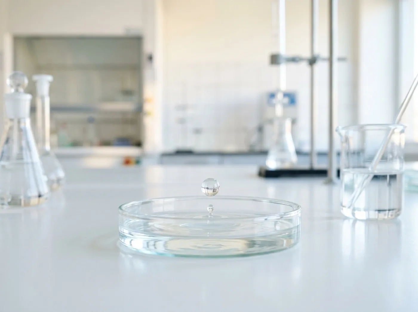 A clear droplet falling into laboratory glassware